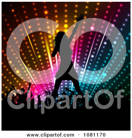 Clipart Silhouetted Female Singer And Fans Against Colorful Lights - Royalty Free Vector Illustration by KJ Pargeter