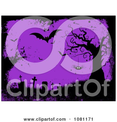 Clipart Grungy Purple Halloween Background With Tombstones Bats A Bare Tree And Spider - Royalty Free Vector Illustration by KJ Pargeter