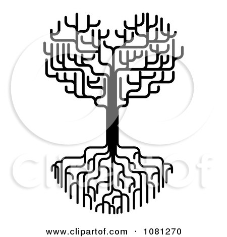 Clipart Black And White Heart Tree With Bare Branches And Deep Roots - Royalty Free Vector Illustration by AtStockIllustration