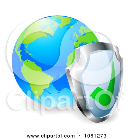 Clipart 3d Shield Against A Bright World Globe - Royalty Free Vector Illustration by AtStockIllustration