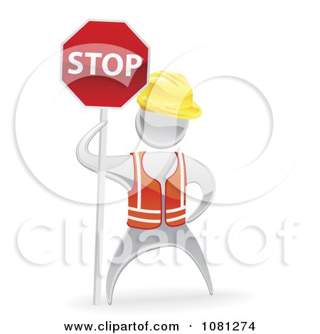 Clipart 3d Silver Road Construction Worker Holding A Stop Sign - Royalty Free Vector Illustration by AtStockIllustration