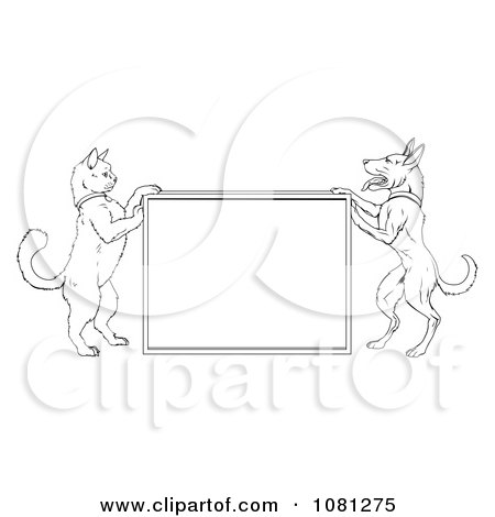 Clipart Outlined Cat And Dog Standing Up And Framing A Sign - Royalty Free Vector Illustration by AtStockIllustration