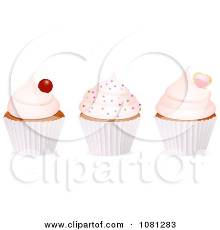 Clipart 3d Frosted Cupcakes With A Cherry Sprinkles And Heart - Royalty Free Vector Illustration by elaineitalia