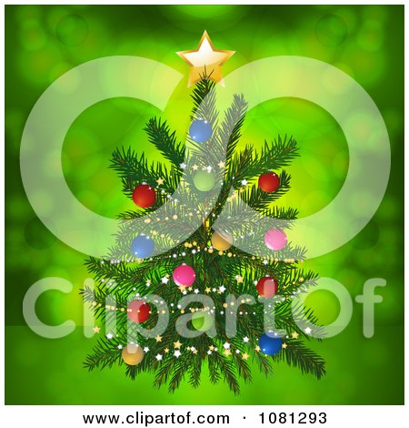 Clipart 3d Miniature Christmas Tree With Colorful Baubles Over Green - Royalty Free Vector Illustration by elaineitalia