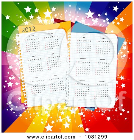 Clipart 2012 Calendars On Paper Pages Over Colorful Starry Rays - Royalty Free Vector Illustration by MilsiArt