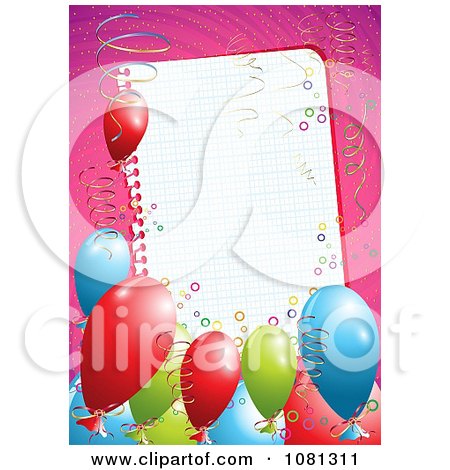 Clipart 3d Birthday Party Balloons And Ribbons Around A Blank Page Over Pink - Royalty Free Vector Illustration by MilsiArt