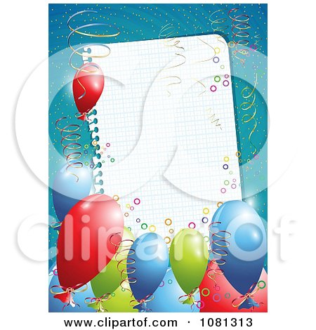 Clipart 3d Birthday Party Balloons And Ribbons Around A Blank Page Over Blue - Royalty Free Vector Illustration by MilsiArt