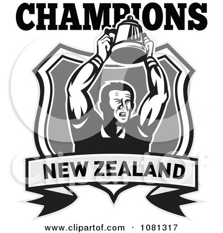 Clipart New Zealand Champions Rugby Player And Trophy Shield - Royalty Free Vector Illustration by patrimonio