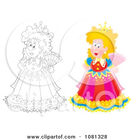 Clipart Colored And Outlined Queens Holding Hand Fans - Royalty Free Illustration by Alex Bannykh