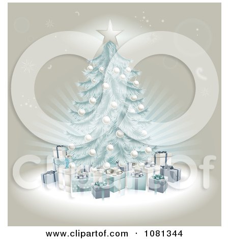 Clipart 3d Blue Christmas Tree And Gifts Over Beige - Royalty Free Vector Illustration by AtStockIllustration