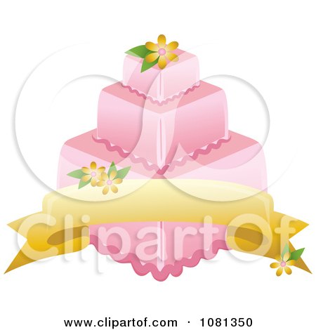 Clipart Three Tiered Pink Square Fondant Cake With A Banner And Yellow Flowers - Royalty Free Vector Illustration by Pams Clipart