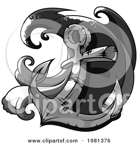 Clipart Grayscale Heavy Nautical Anchor And Wave - Royalty Free Vector Illustration by Vector Tradition SM