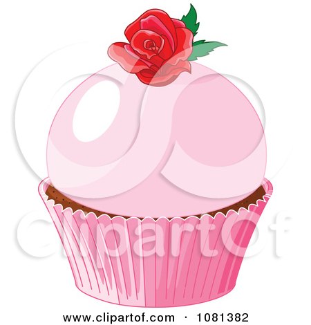 Clipart Pink Cupcake Garnished With A Red Rose - Royalty Free Vector Illustration by Pushkin