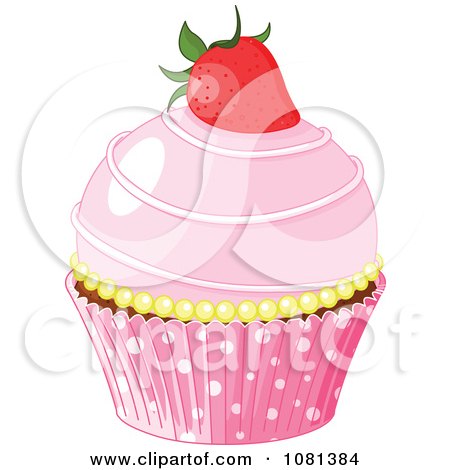 Clipart Pink Cupcake Garnished With A Strawberry - Royalty Free Vector Illustration by Pushkin