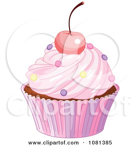 Clipart Pink Cupcake Garnished With A Cherry And Sprinkles - Royalty Free Vector Illustration by Pushkin