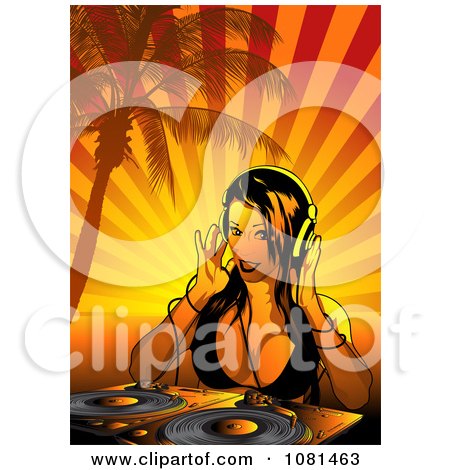 Clipart Female Dj With A Turn Table Under A Palm Tree With Orange Rays - Royalty Free Vector Illustration by dero