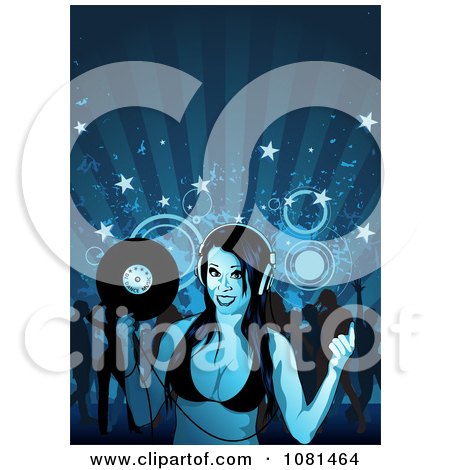 Clipart Female Dj Holding Record By A Dance Crowd Over Blue - Royalty Free Vector Illustration by dero