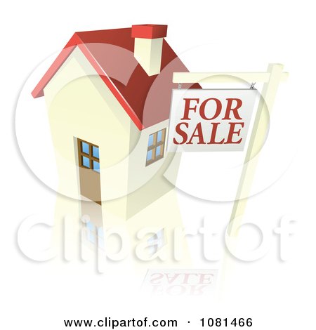 Clipart 3d For Sale Sign And Cute Little House With A Reflection - Royalty Free Vector Illustration by AtStockIllustration