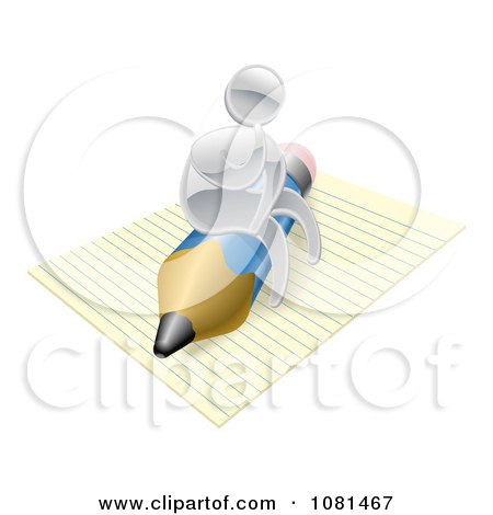 Clipart 3d Silver Man Thinking And Sitting On A Pencil And Notepad - Royalty Free Vector Illustration by AtStockIllustration