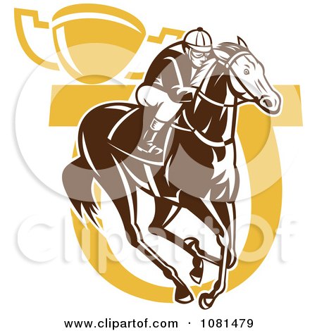 Clipart Brown And Yellow Horse Racing Jockey Horseshoe And Trophy - Royalty Free Vector Illustration by patrimonio