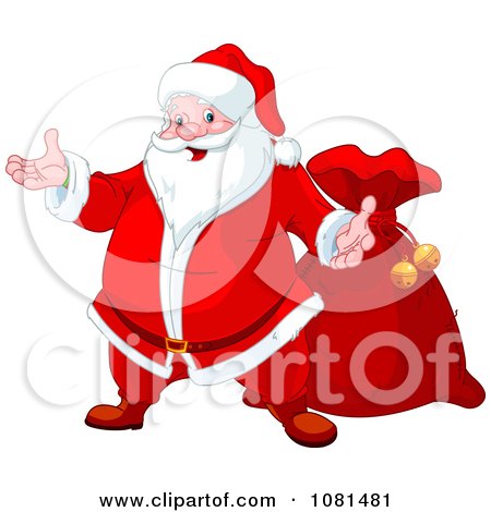 Clipart Friendly Santa Presenting And Standing By His Bag - Royalty Free Vector Illustration by Pushkin