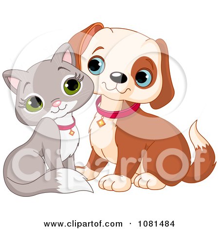 Clipart Cute Gray Kitten And Puppy Cuddling - Royalty Free Vector Illustration by Pushkin