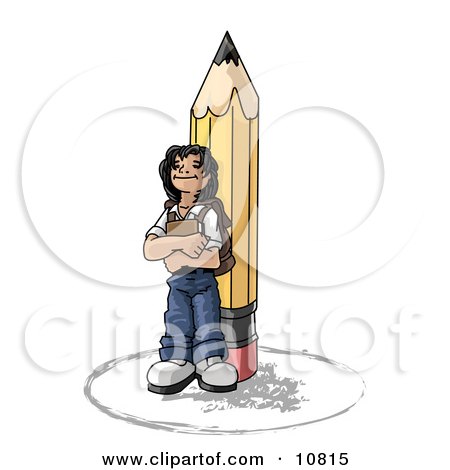 Back To School Girl Elementary School Student Standing by a Giant Pencil, Wearing a Backpack and Holding a Book Clipart Illustration by Leo Blanchette
