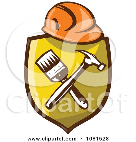 Clipart Retro Hardhat Over A Shield With A Paintbrush And Hammer - Royalty Free Vector Illustration by patrimonio