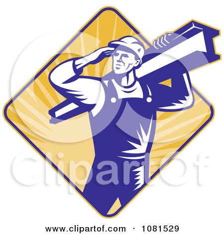 Clipart Retro Construction Worker Carrying A Beam Over A Diamond Of Rays - Royalty Free Vector Illustration by patrimonio