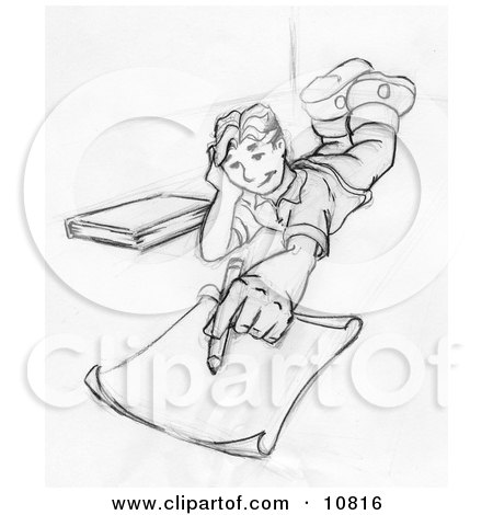 Elementary School Boy Lying on His Stomach and Doing Homework or Drawing Clipart Illustration by Leo Blanchette