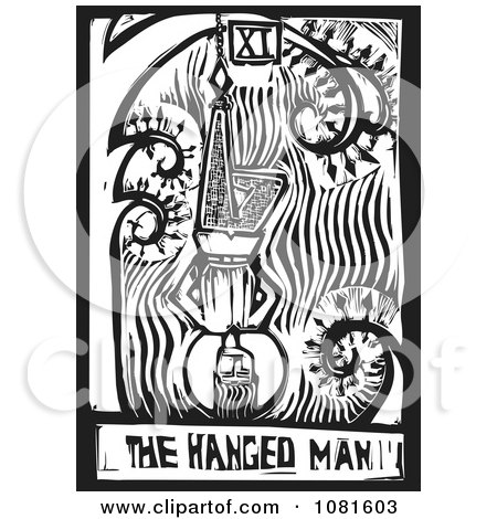 Clipart Black And White Woodcut Styled The Hanged Man Tarot Card - Royalty Free Vector Illustration by xunantunich