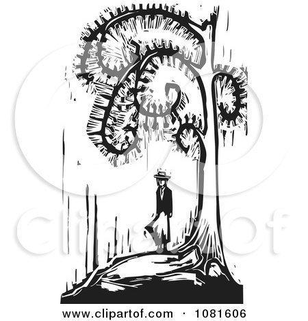 Clipart Black And White Woodcut Person Under A Spiral Tree - Royalty Free Vector Illustration by xunantunich