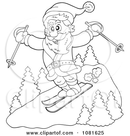 Clipart Outlined Santa Catching Air On Skis - Royalty Free Vector Illustration by visekart