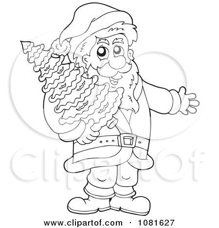 Clipart Outlined Santa Carrying A Christmas Tree - Royalty Free Vector Illustration by visekart