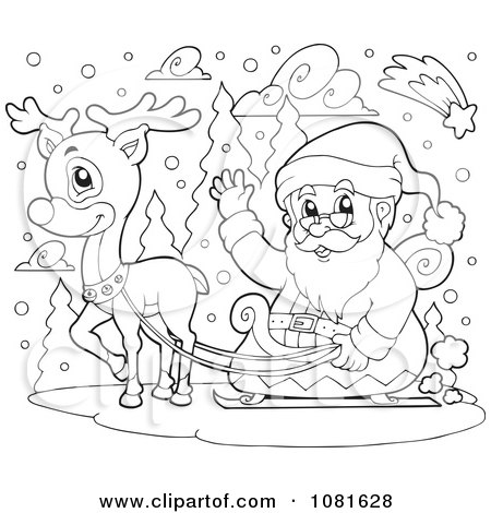 Clipart Outlined Santa And Reindeer In The Snow - Royalty Free Vector Illustration by visekart