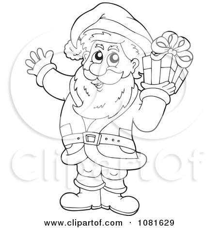 Clipart Outlined Santa Holding A Gift - Royalty Free Vector Illustration by visekart