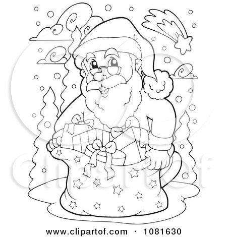 Clipart Outlined Santa With Gifts In The Snow - Royalty Free Vector Illustration by visekart
