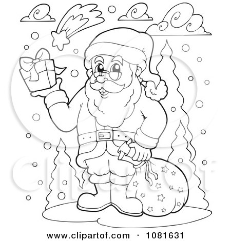 Clipart Outlined Santa Holding Up A Gift In The Snow - Royalty Free Vector Illustration by visekart