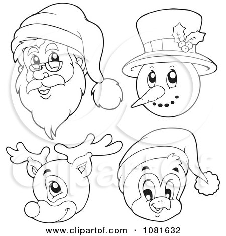 Clipart Outlined Santa Snowman Reindeer And Penguin Faces - Royalty Free Vector Illustration by visekart