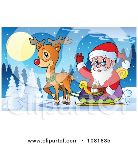 Clipart Santa Waving From His Sleigh In A Winter Landscape - Royalty Free Vector Illustration by visekart