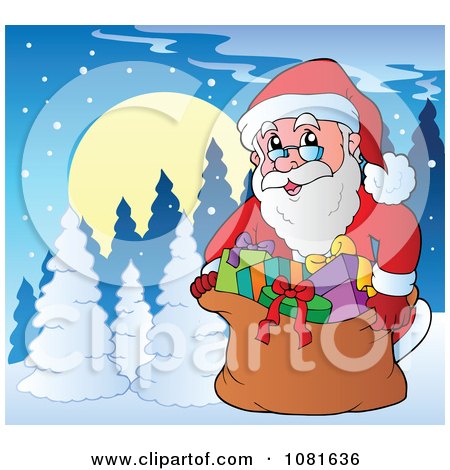 Clipart Santa Closing His Bag In A Winter Landscape - Royalty Free Vector Illustration by visekart