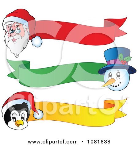Clipart Santa Snowman And Penguin Christmas Ribbon Banners - Royalty Free Vector Illustration by visekart
