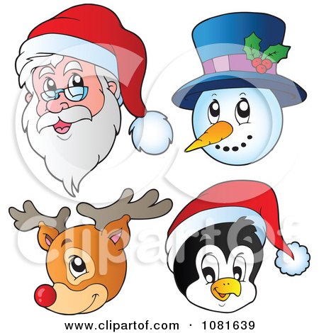 Clipart Christmas Santa Snowman Reindeer And Penguin Faces - Royalty Free Vector Illustration by visekart