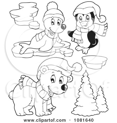 Clipart Outlined Seal Penguin And Christmas Bear - Royalty Free Vector Illustration by visekart