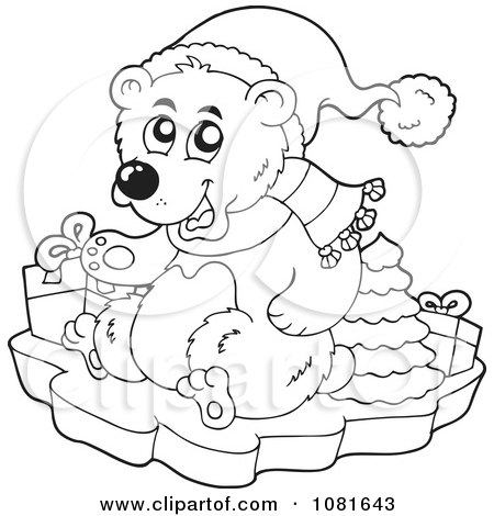 Clipart Outlined Christmas Bear With Gifts And A Tree On Ice - Royalty Free Vector Illustration by visekart