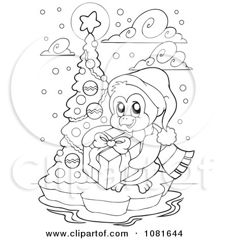 Clipart Outlined Christmas Penguin With A Gift And Tree - Royalty Free Vector Illustration by visekart