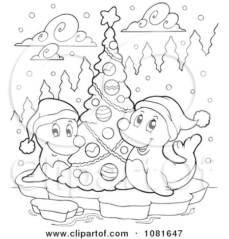 Clipart Outlined Seals Around A Christmas Tree - Royalty Free Vector Illustration by visekart