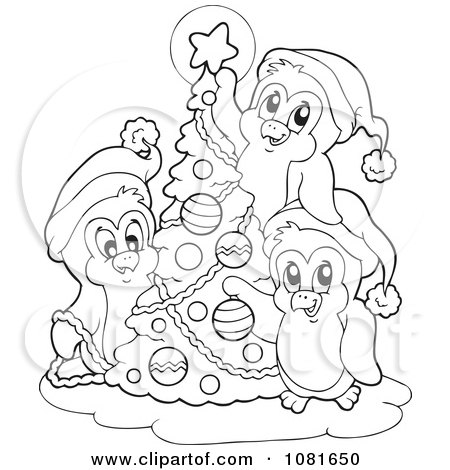 Clipart Outlined Penguins Decorating A Christmas Tree - Royalty Free Vector Illustration by visekart