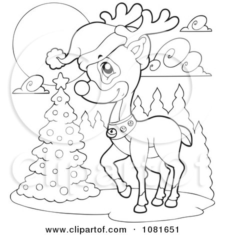 Clipart Outlined Christmas Reindeer By A Tree - Royalty Free Vector Illustration by visekart