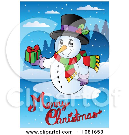 Clipart Merry Christmas Text With A Snowman Holding A Gift - Royalty Free Vector Illustration by visekart